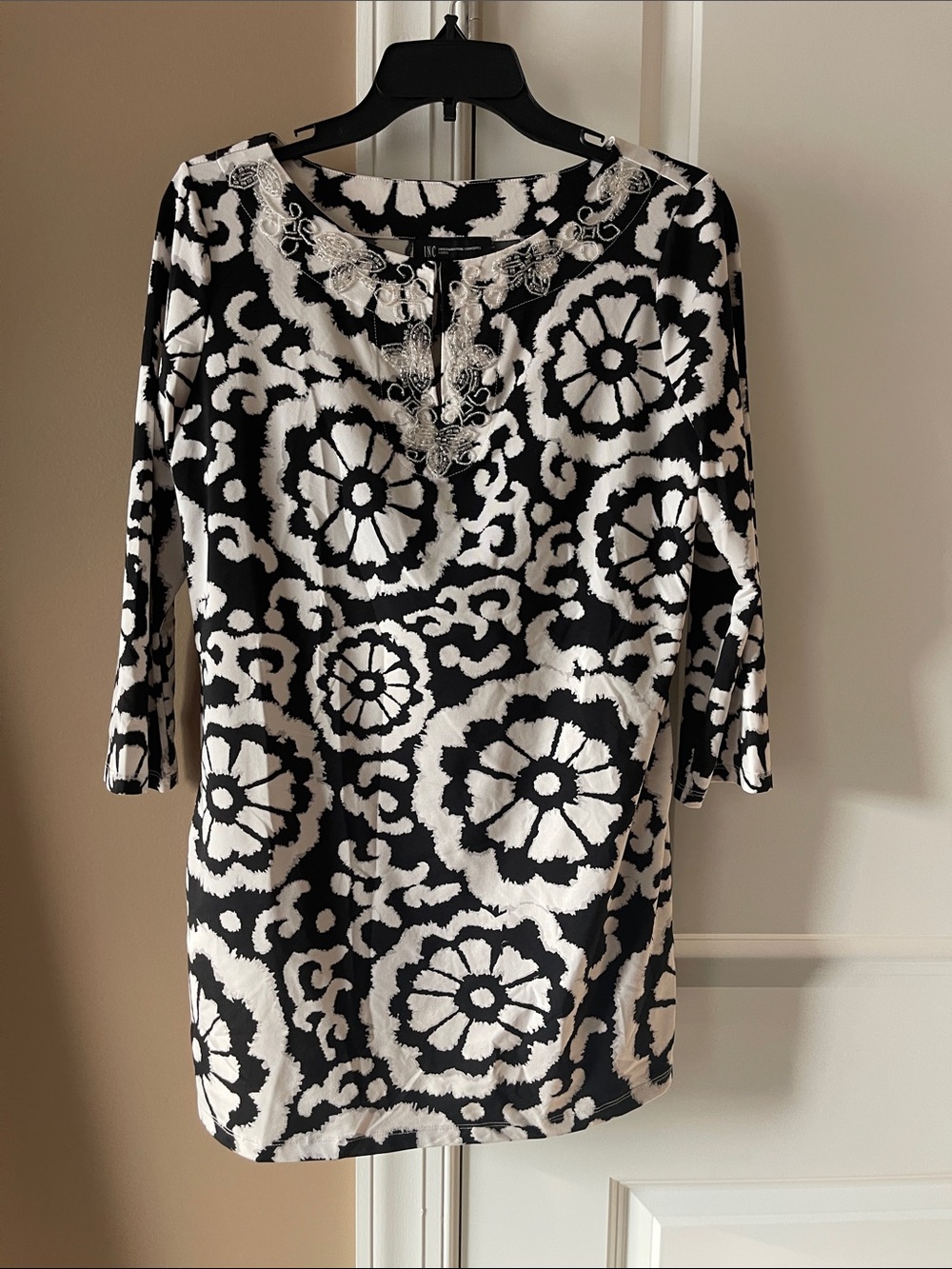 INC International Concepts Black & White Floral Embroidered Tunic